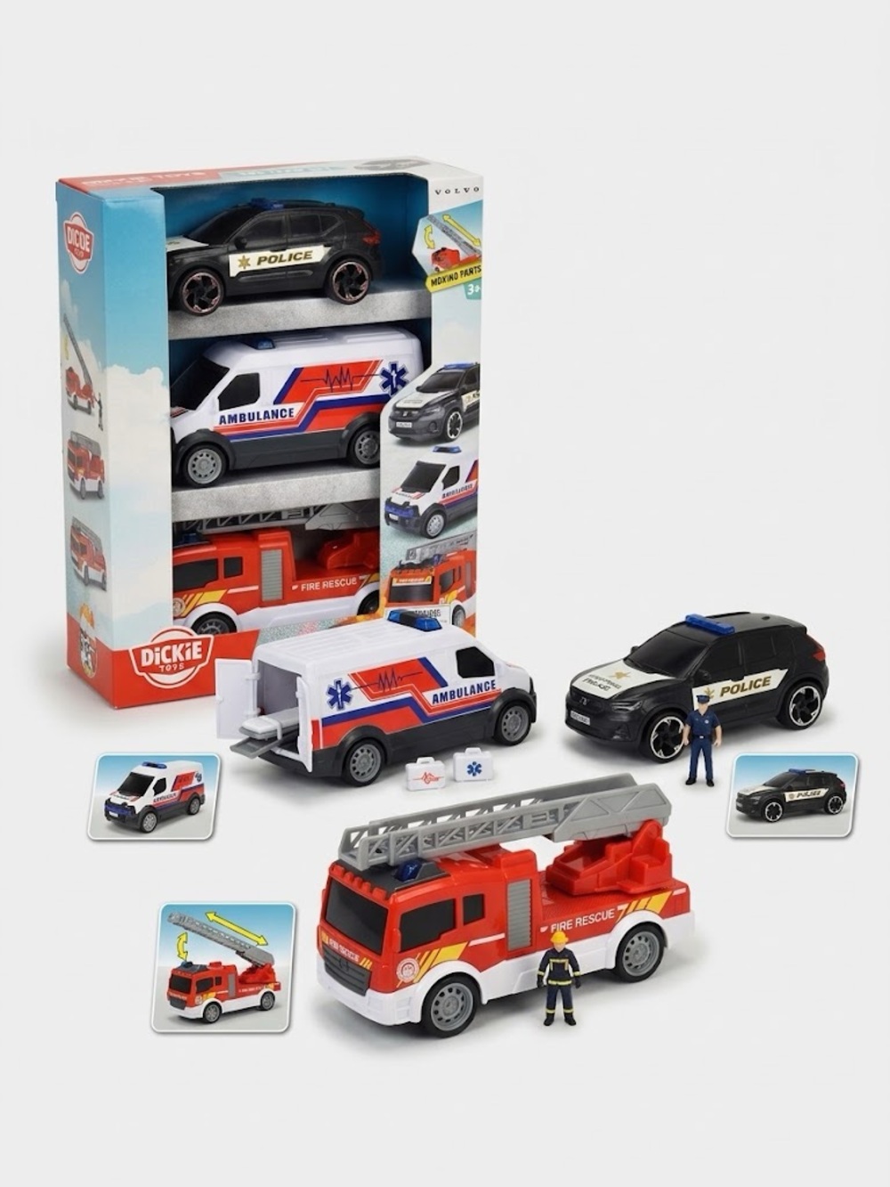 Dickie Toys SOS Team Set Volvo Police Car Ambulance Fire Rescue Ladder Truck NIB